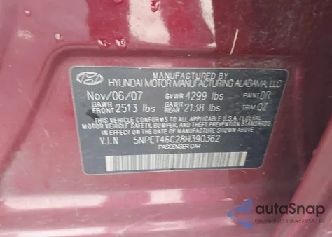2008 Hyundai Sonata Gls z USA, uszkodzony, nr VIN 5NPET46C28H390362